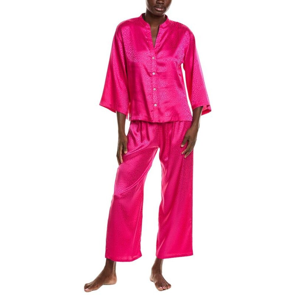 N Natori Womens 2Pc Wilderness Satin Jacquard Button Down Pajama Set, Pink
